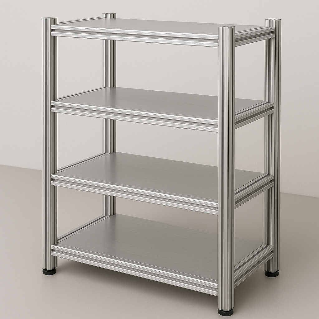 Regal aus Aluminiumprofilen mit mehreren Ablageflächen