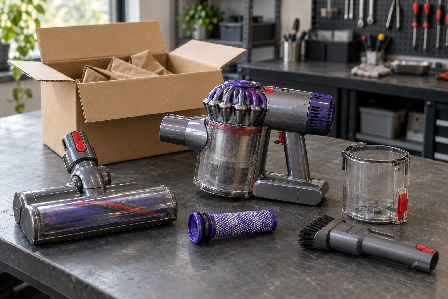 Symbolbild: Gebrauchter Dyson mit Ersatzteilen und Versandkarton