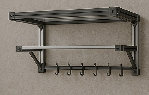Wandgarderobe aus dunklen Aluminiumprofilen mit Ablage und Haken