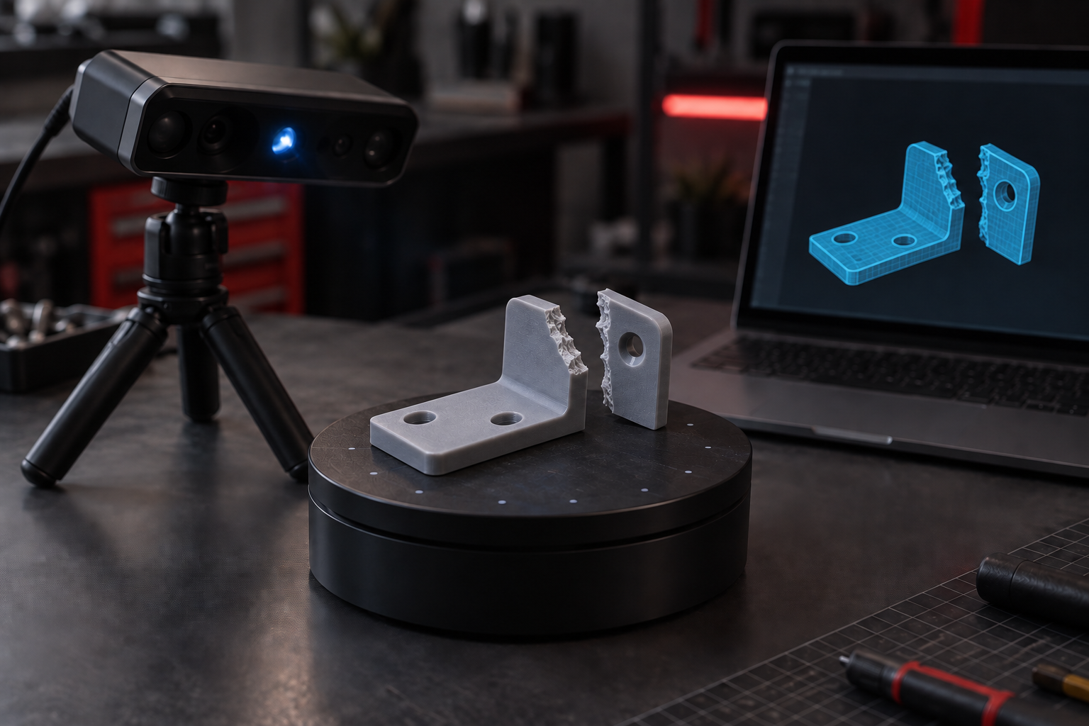Symbolbild: Halterung beim 3D-Scan mit digitalem Modell